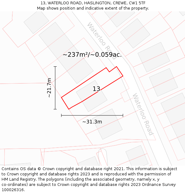 13, WATERLOO ROAD, HASLINGTON, CREWE, CW1 5TF: Plot and title map