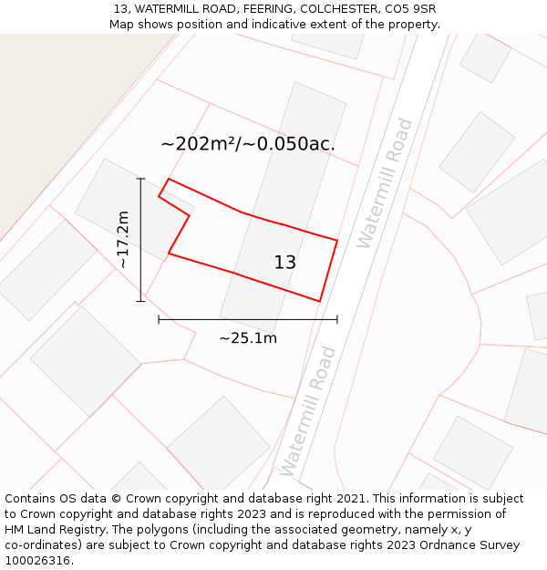 13, WATERMILL ROAD, FEERING, COLCHESTER, CO5 9SR: Plot and title map
