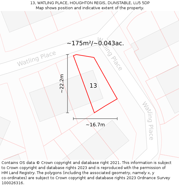 13, WATLING PLACE, HOUGHTON REGIS, DUNSTABLE, LU5 5DP: Plot and title map