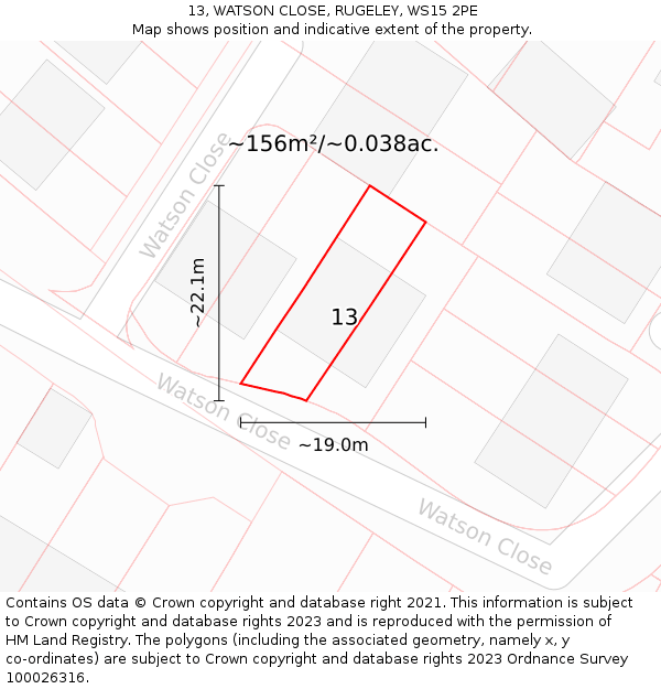 13, WATSON CLOSE, RUGELEY, WS15 2PE: Plot and title map