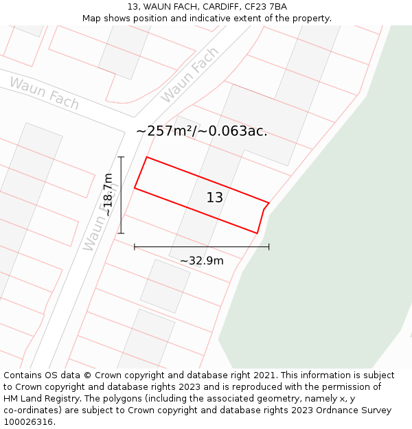 13, WAUN FACH, CARDIFF, CF23 7BA: Plot and title map