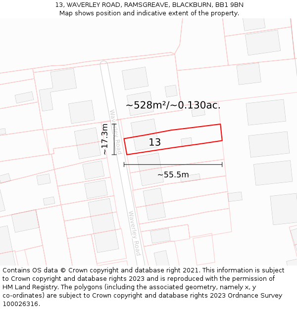 13, WAVERLEY ROAD, RAMSGREAVE, BLACKBURN, BB1 9BN: Plot and title map