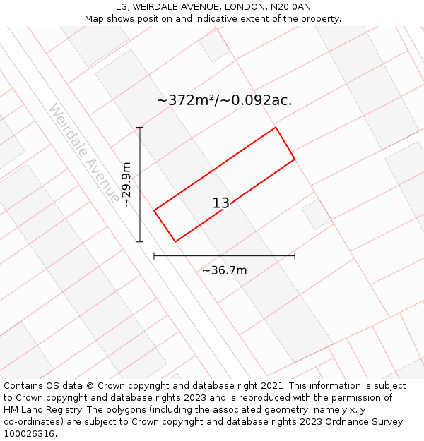 13, WEIRDALE AVENUE, LONDON, N20 0AN: Plot and title map