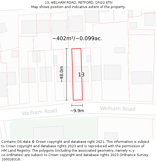 13, WELHAM ROAD, RETFORD, DN22 6TN: Plot and title map