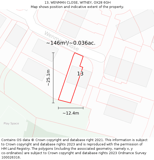 13, WENMAN CLOSE, WITNEY, OX28 6GH: Plot and title map
