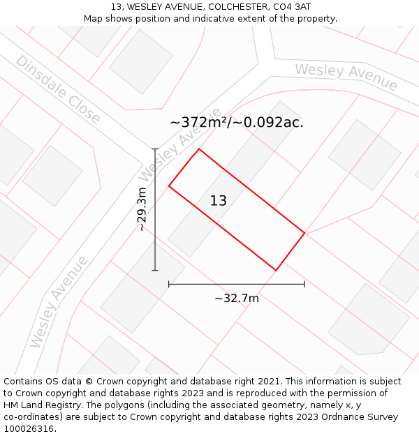 13, WESLEY AVENUE, COLCHESTER, CO4 3AT: Plot and title map