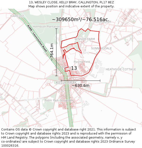 13, WESLEY CLOSE, KELLY BRAY, CALLINGTON, PL17 8EZ: Plot and title map