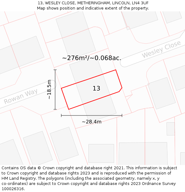 13, WESLEY CLOSE, METHERINGHAM, LINCOLN, LN4 3UF: Plot and title map