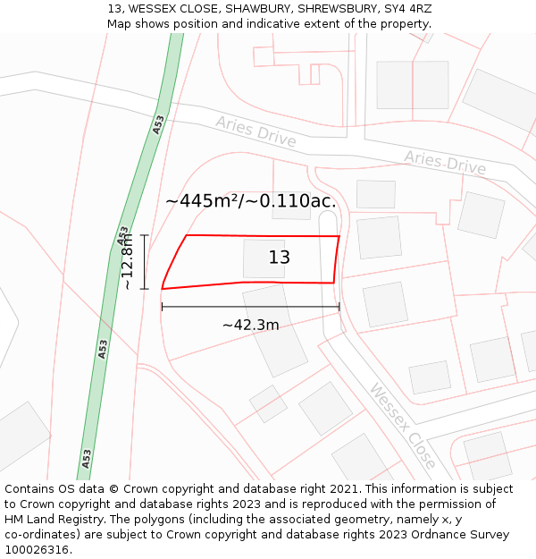 13, WESSEX CLOSE, SHAWBURY, SHREWSBURY, SY4 4RZ: Plot and title map