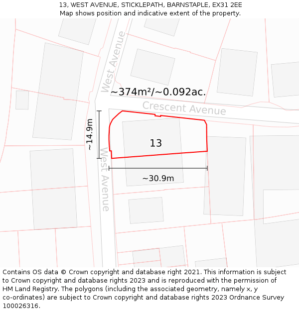 13, WEST AVENUE, STICKLEPATH, BARNSTAPLE, EX31 2EE: Plot and title map