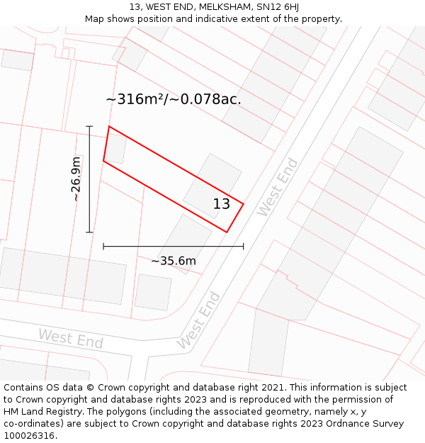 13, WEST END, MELKSHAM, SN12 6HJ: Plot and title map