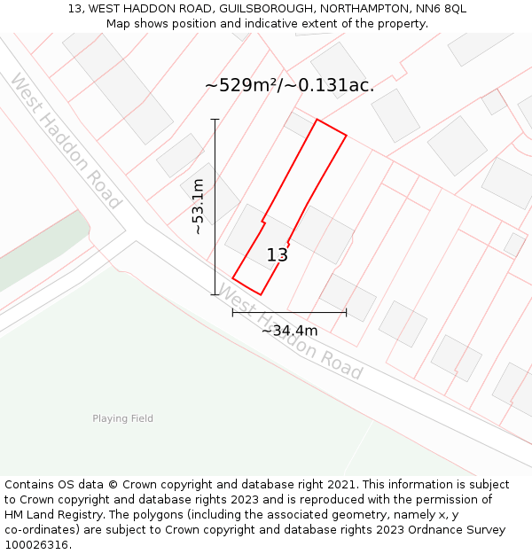 13, WEST HADDON ROAD, GUILSBOROUGH, NORTHAMPTON, NN6 8QL: Plot and title map