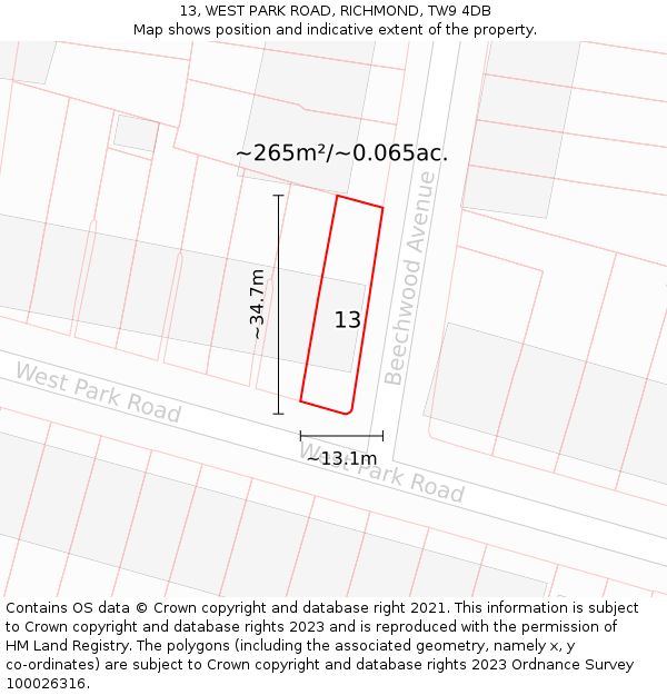 13, WEST PARK ROAD, RICHMOND, TW9 4DB: Plot and title map