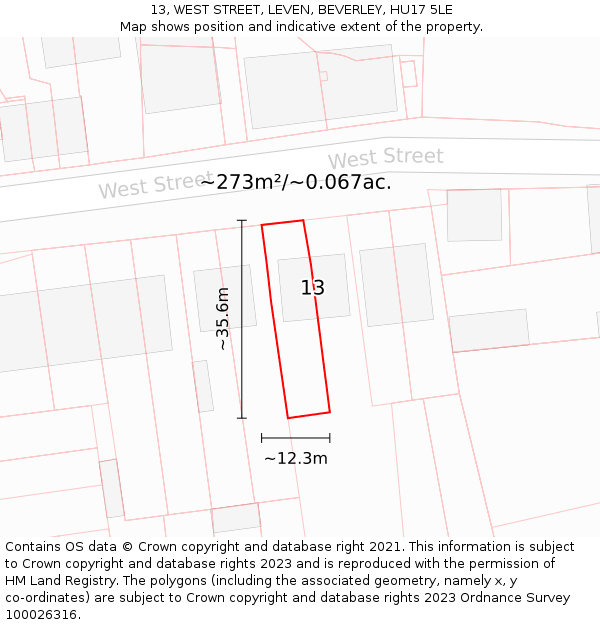 13, WEST STREET, LEVEN, BEVERLEY, HU17 5LE: Plot and title map