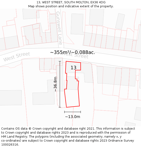 13, WEST STREET, SOUTH MOLTON, EX36 4DG: Plot and title map