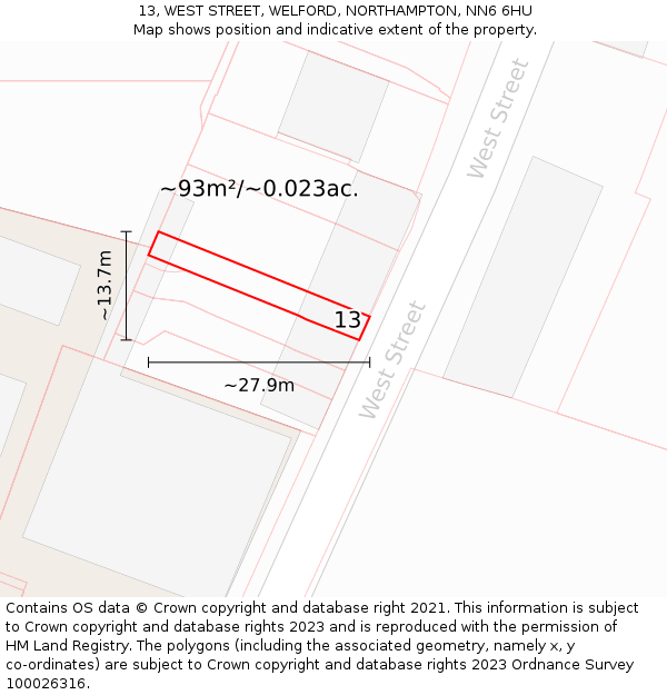 13, WEST STREET, WELFORD, NORTHAMPTON, NN6 6HU: Plot and title map