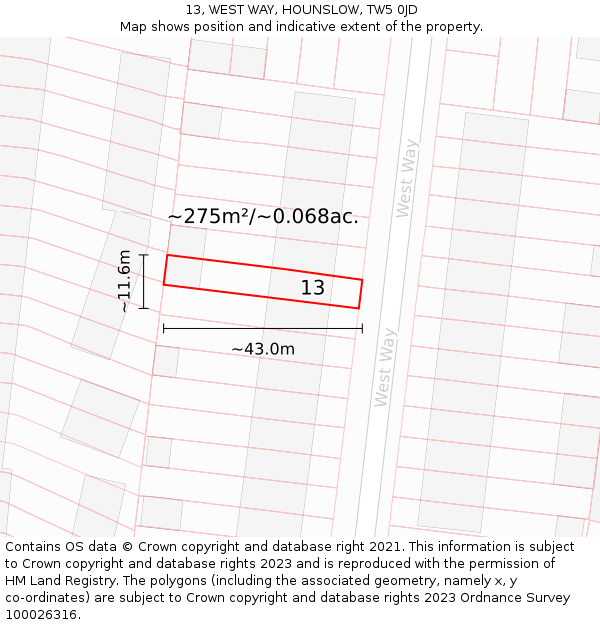 13, WEST WAY, HOUNSLOW, TW5 0JD: Plot and title map