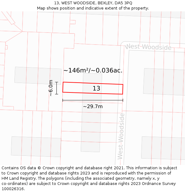 13, WEST WOODSIDE, BEXLEY, DA5 3PQ: Plot and title map