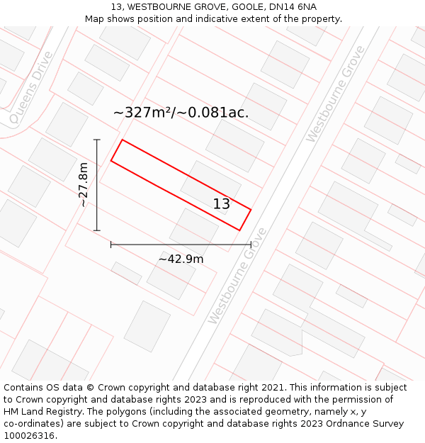 13, WESTBOURNE GROVE, GOOLE, DN14 6NA: Plot and title map