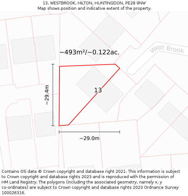 13, WESTBROOK, HILTON, HUNTINGDON, PE28 9NW: Plot and title map