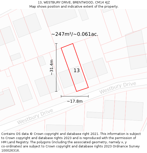 13, WESTBURY DRIVE, BRENTWOOD, CM14 4JZ: Plot and title map