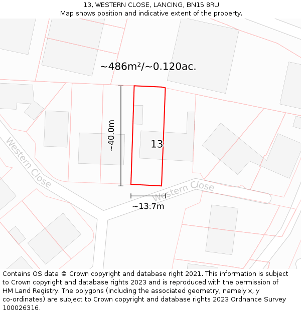 13, WESTERN CLOSE, LANCING, BN15 8RU: Plot and title map