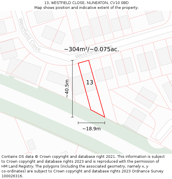 13, WESTFIELD CLOSE, NUNEATON, CV10 0BD: Plot and title map