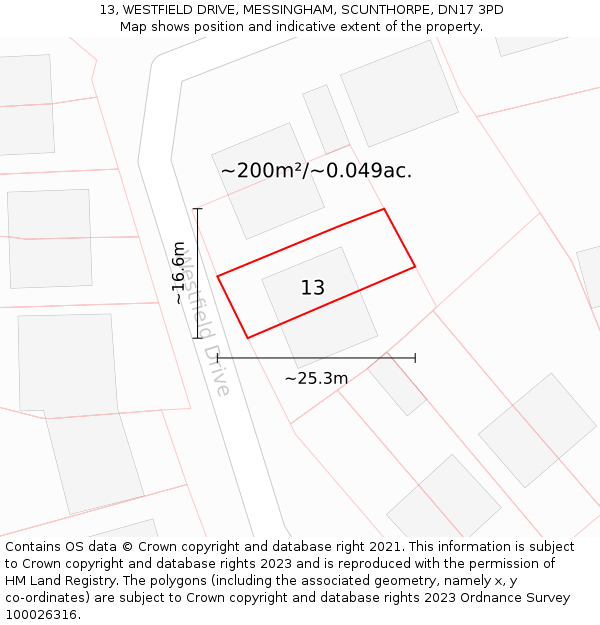 13, WESTFIELD DRIVE, MESSINGHAM, SCUNTHORPE, DN17 3PD: Plot and title map