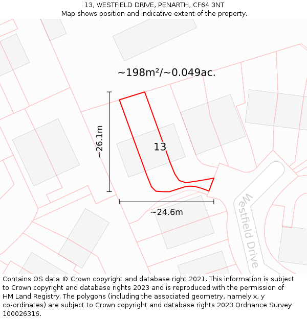 13, WESTFIELD DRIVE, PENARTH, CF64 3NT: Plot and title map