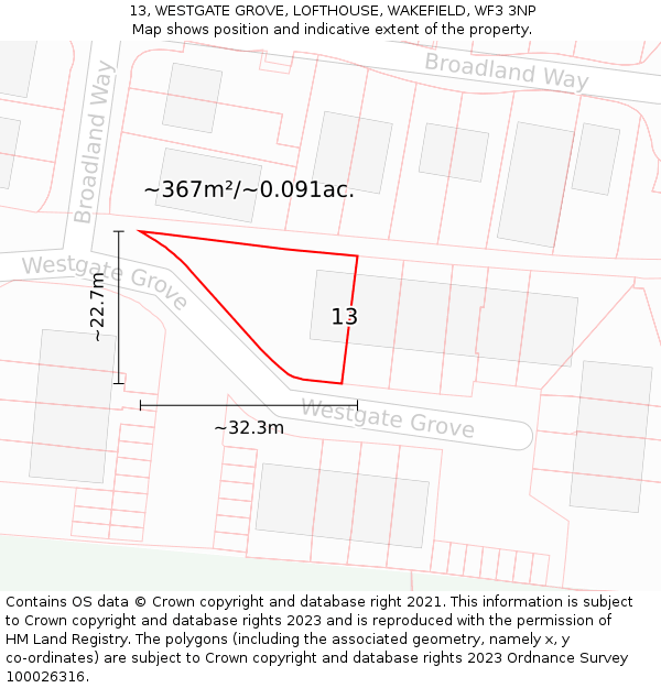 13, WESTGATE GROVE, LOFTHOUSE, WAKEFIELD, WF3 3NP: Plot and title map