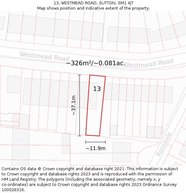 13, WESTMEAD ROAD, SUTTON, SM1 4JT: Plot and title map