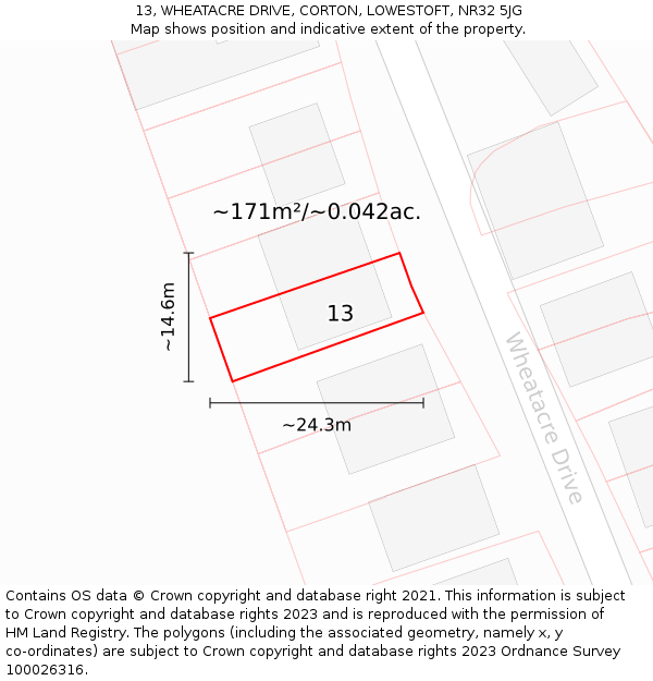 13, WHEATACRE DRIVE, CORTON, LOWESTOFT, NR32 5JG: Plot and title map