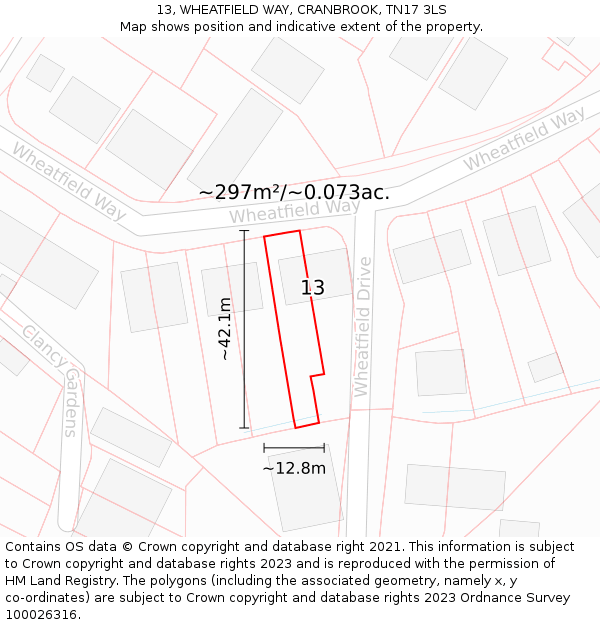 13, WHEATFIELD WAY, CRANBROOK, TN17 3LS: Plot and title map