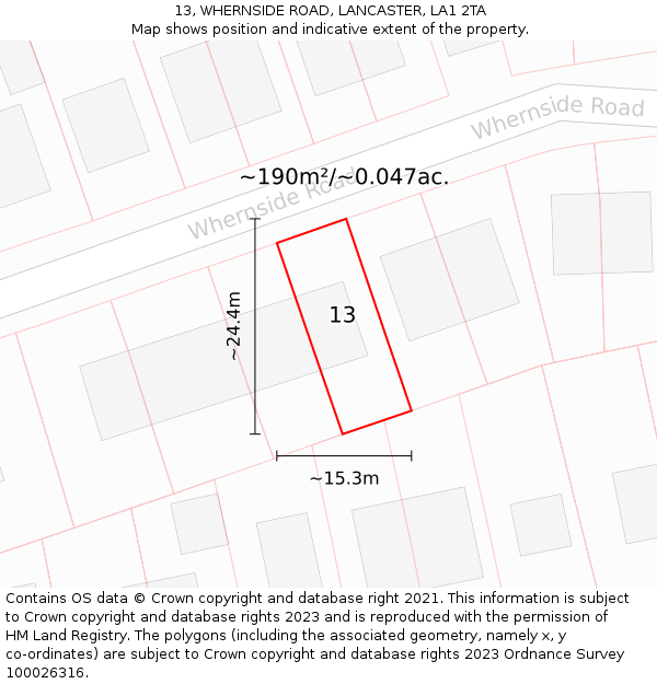 13, WHERNSIDE ROAD, LANCASTER, LA1 2TA: Plot and title map