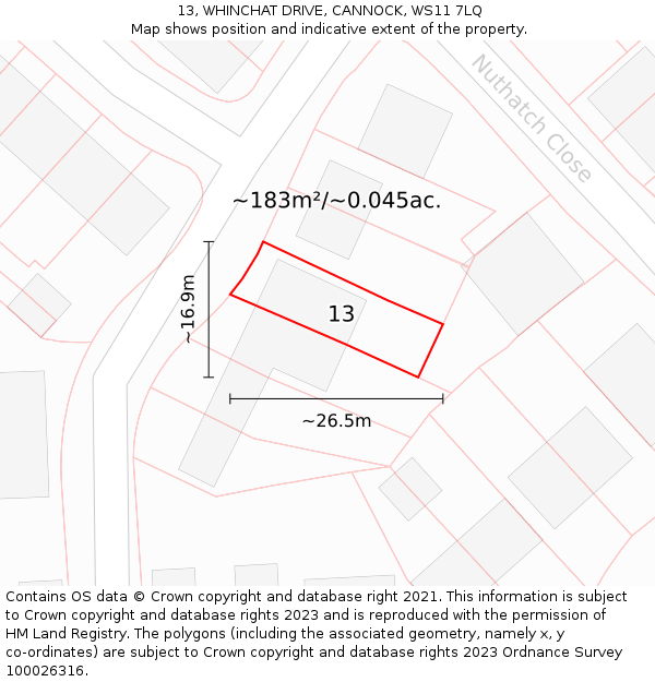 13, WHINCHAT DRIVE, CANNOCK, WS11 7LQ: Plot and title map