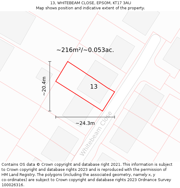 13, WHITEBEAM CLOSE, EPSOM, KT17 3AU: Plot and title map