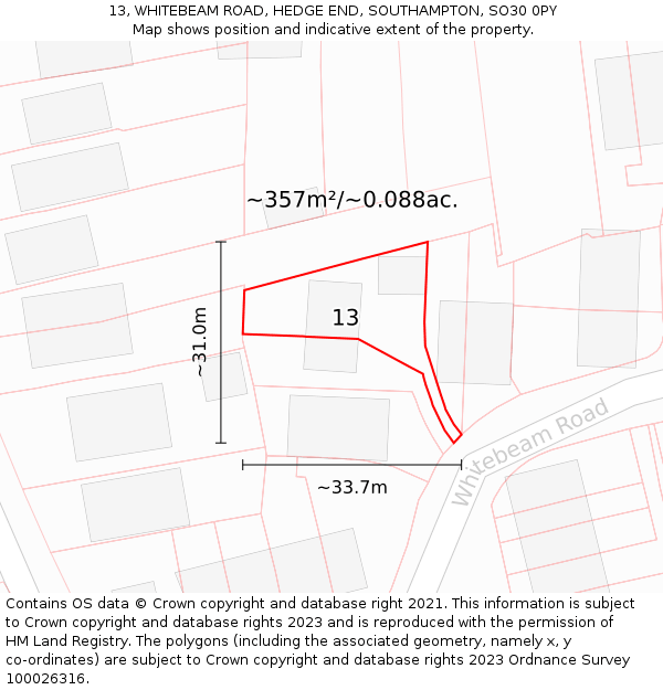 13, WHITEBEAM ROAD, HEDGE END, SOUTHAMPTON, SO30 0PY: Plot and title map