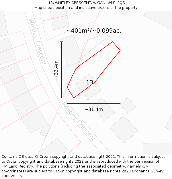 13, WHITLEY CRESCENT, WIGAN, WN1 2QS: Plot and title map