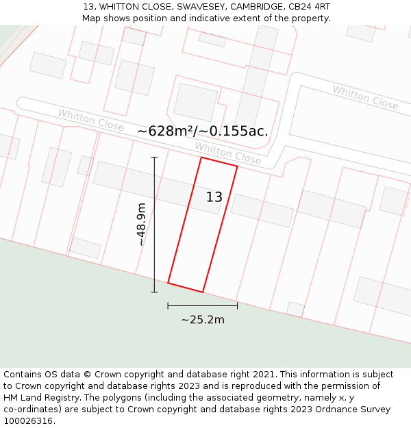 13, WHITTON CLOSE, SWAVESEY, CAMBRIDGE, CB24 4RT: Plot and title map