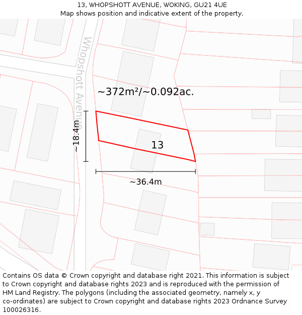 13, WHOPSHOTT AVENUE, WOKING, GU21 4UE: Plot and title map
