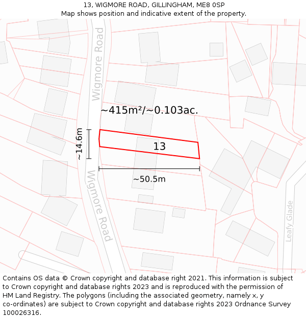 13, WIGMORE ROAD, GILLINGHAM, ME8 0SP: Plot and title map