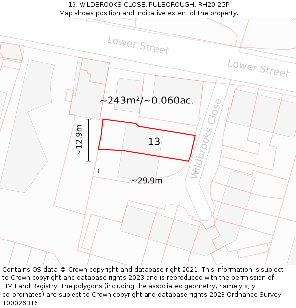 13, WILDBROOKS CLOSE, PULBOROUGH, RH20 2GP: Plot and title map