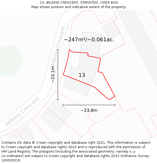 13, WILKINS CRESCENT, STANSTED, CM24 8GG: Plot and title map