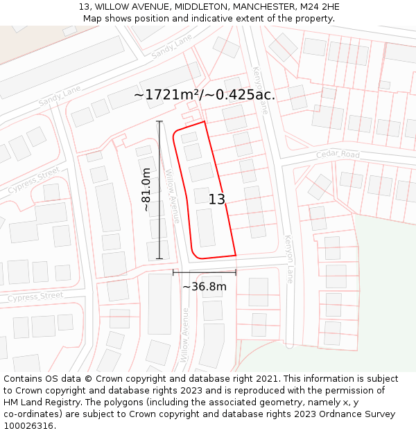 13, WILLOW AVENUE, MIDDLETON, MANCHESTER, M24 2HE: Plot and title map