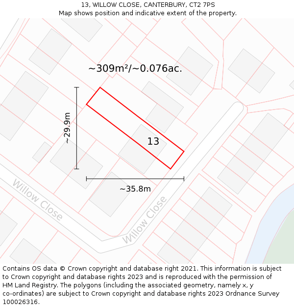 13, WILLOW CLOSE, CANTERBURY, CT2 7PS: Plot and title map