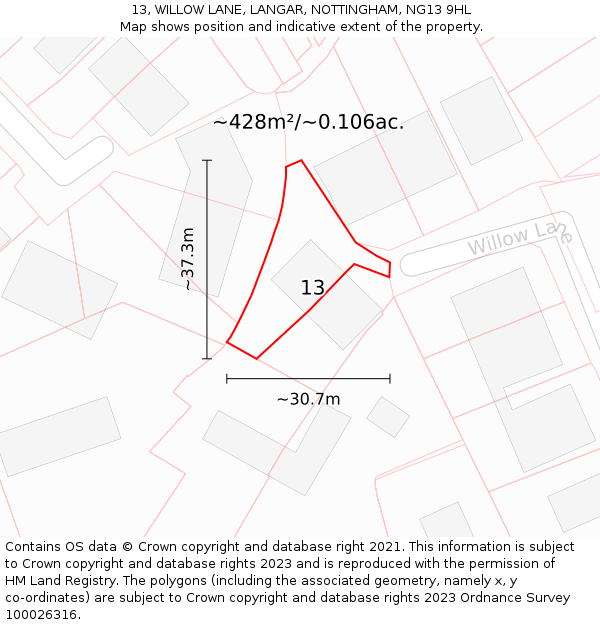 13, WILLOW LANE, LANGAR, NOTTINGHAM, NG13 9HL: Plot and title map