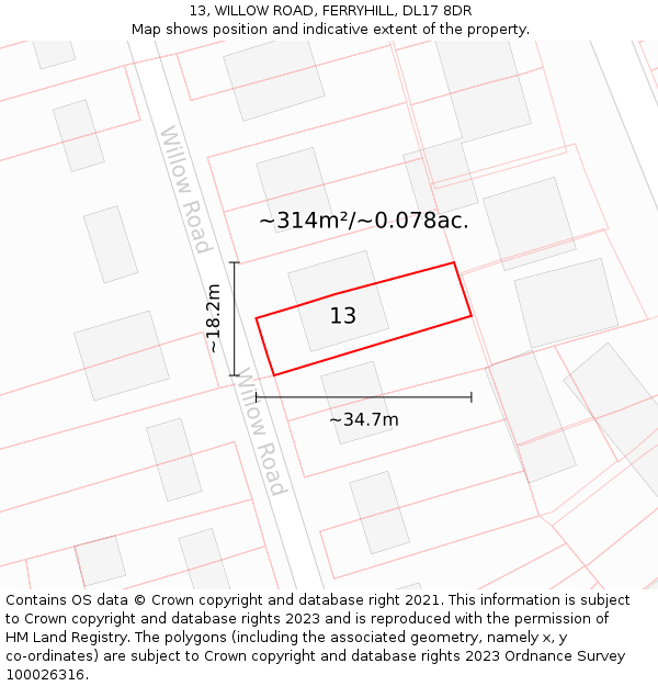 13, WILLOW ROAD, FERRYHILL, DL17 8DR: Plot and title map