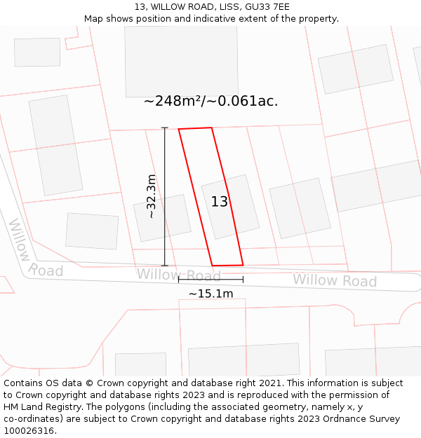13, WILLOW ROAD, LISS, GU33 7EE: Plot and title map