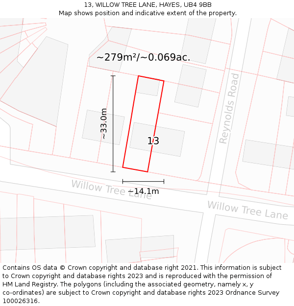 13, WILLOW TREE LANE, HAYES, UB4 9BB: Plot and title map