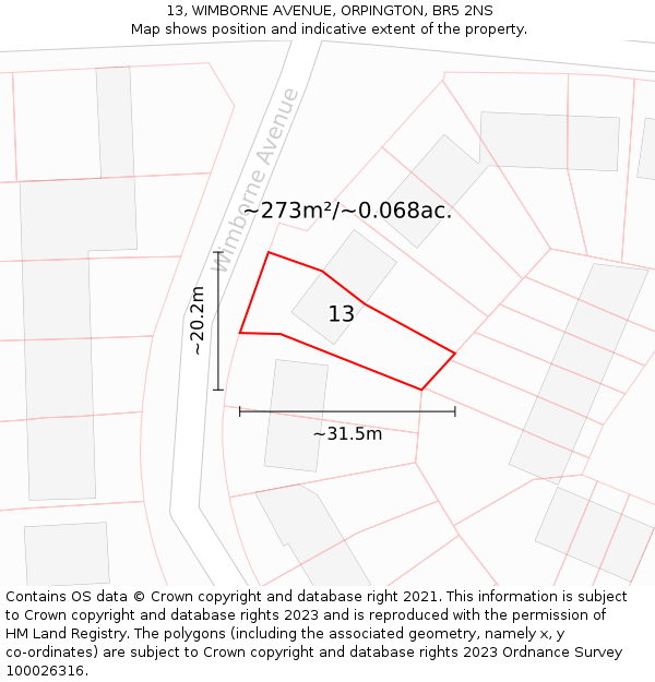 13, WIMBORNE AVENUE, ORPINGTON, BR5 2NS: Plot and title map
